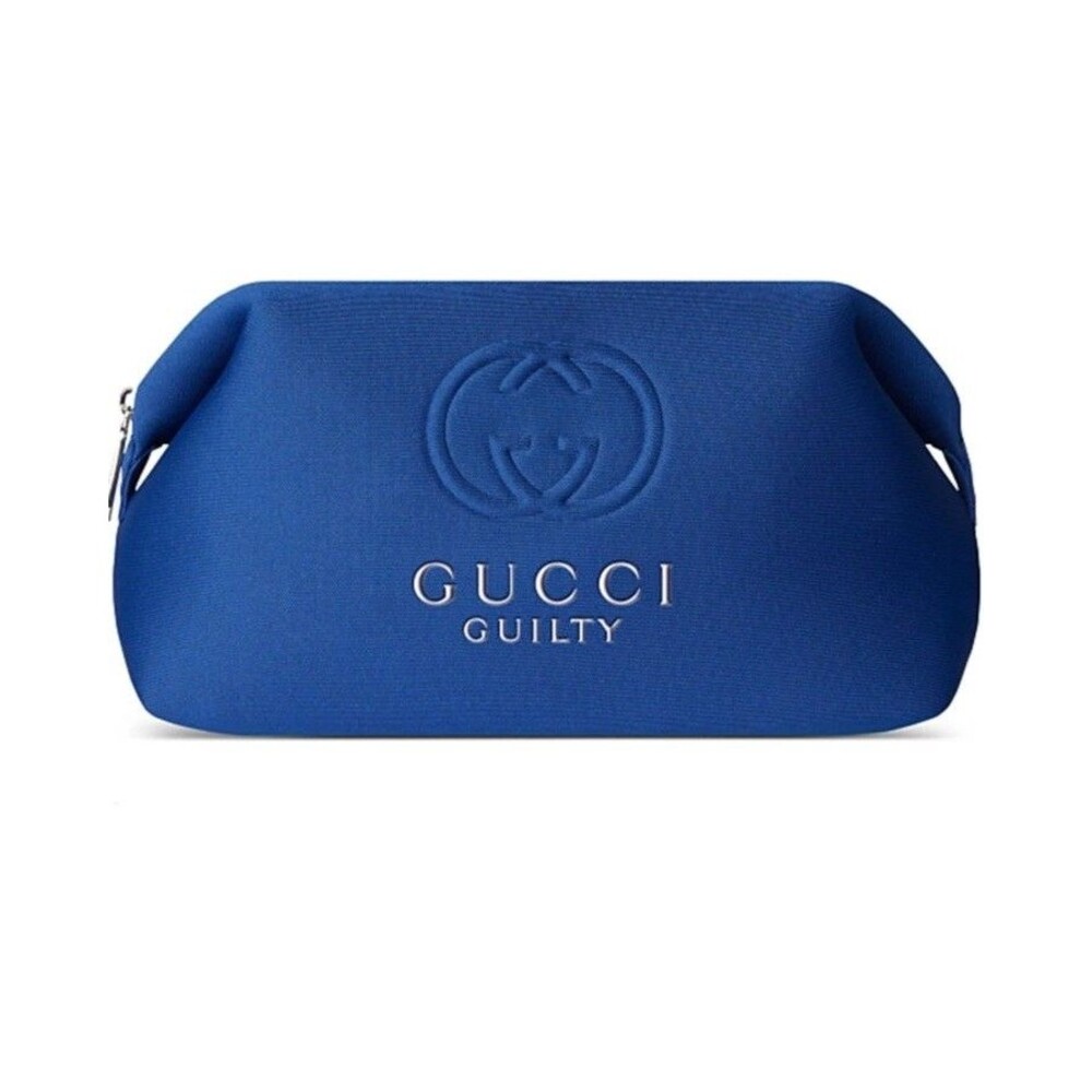 Auth GUCCI GUILTY Royal Blue Pouch Bag | Raised Metallic Logo & Branded Zipper